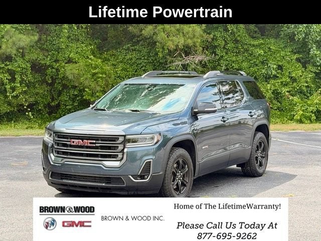 2020 GMC Acadia AT4 in Dark Sky Metallic — front three-quarter view
