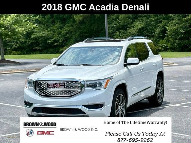 2018 GMC Acadia Denali in White Frost Tricoat — front three-quarter view