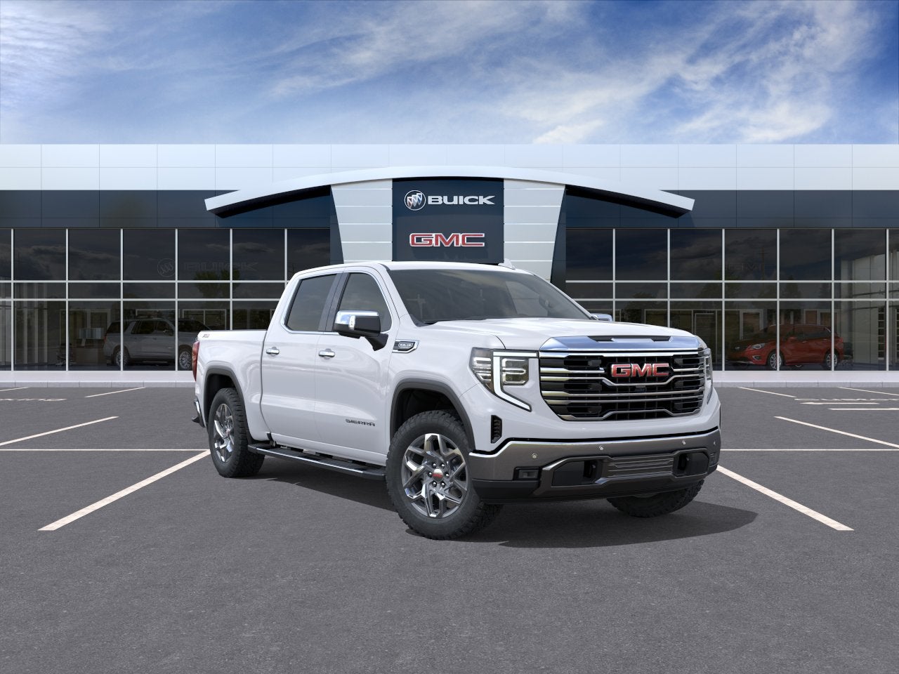2026 GMC Sierra 1500 SLT in Summit White — front three-quarter view